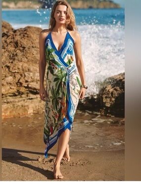 FARM Rio Blue and Green Tropical Halter Wrap Dress
